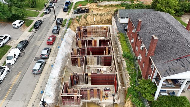 Aerial view of commercial concrete foundation pour in Hyde Park OH